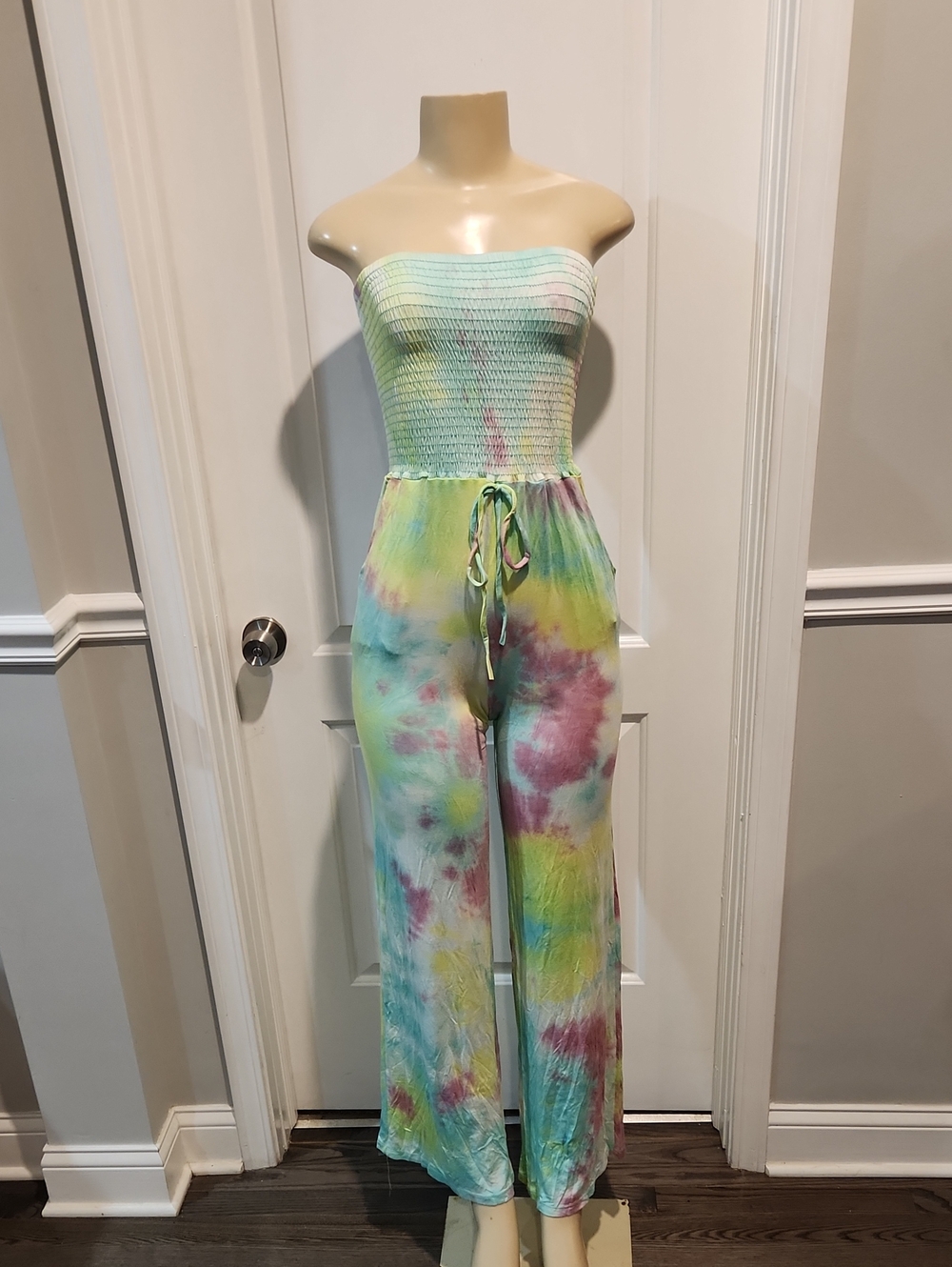 Strapless Tie-Dye Wide-Leg Jumpsuit - Pastel Mint Multi